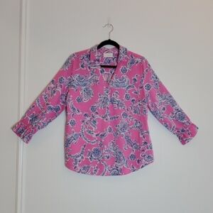 Belle by Kim Gravel Pink & Blue Paisley V-Neck Blouse